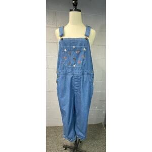 Vintage Denim Bib Overall Hen Print Pockets Large Garden Cottage Grannycore